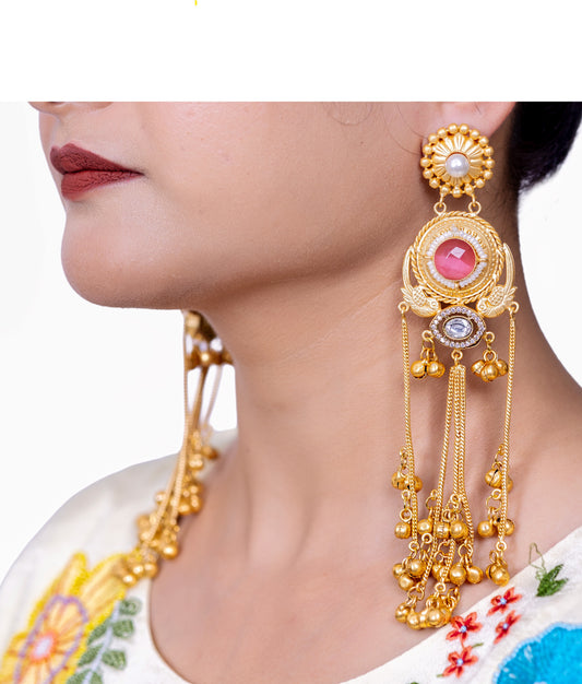 💛Kashmiri Long Earrings with Ruby & Pearl Detailing – The Regal Drape