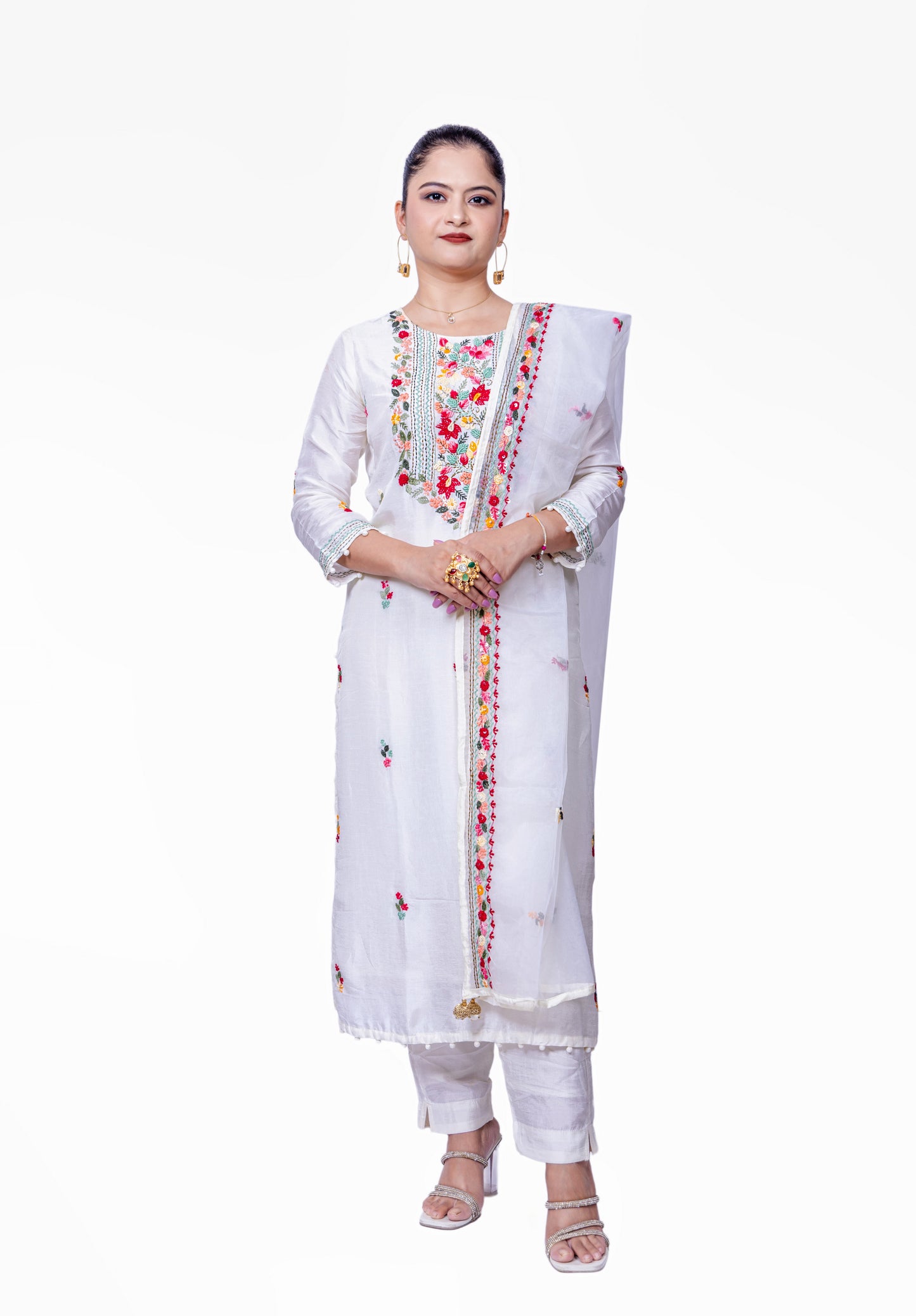 White Chanderi Silk Embroidered Suit with Organza Dupatta