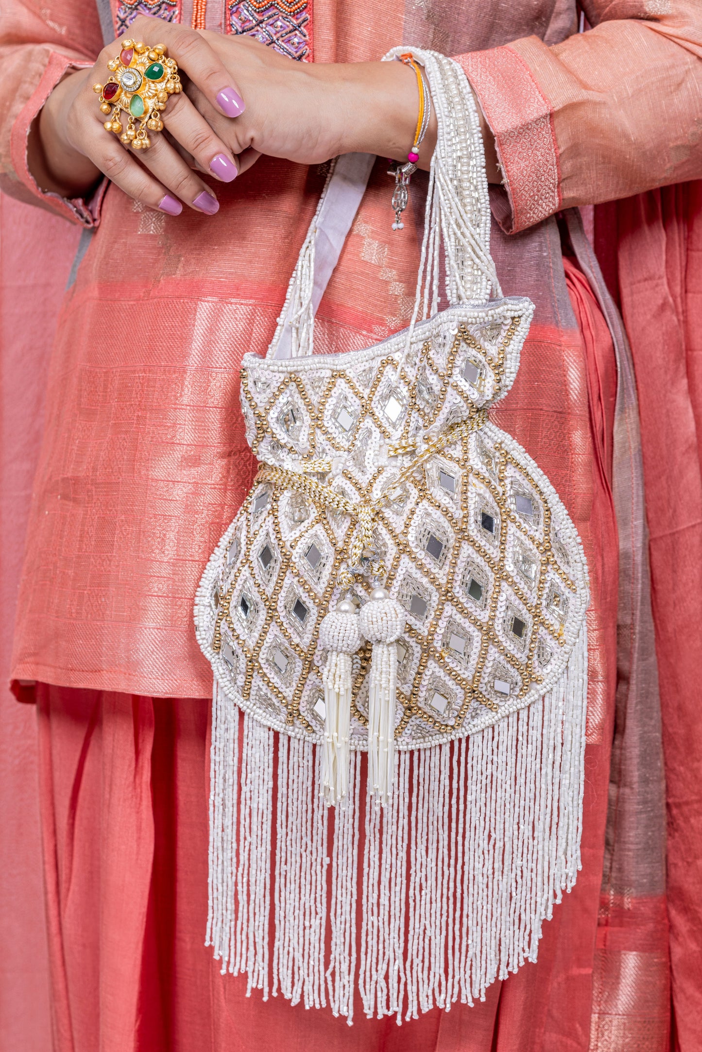 ✨ White Mirror Embroidered Potli Bag with Beaded Fringe