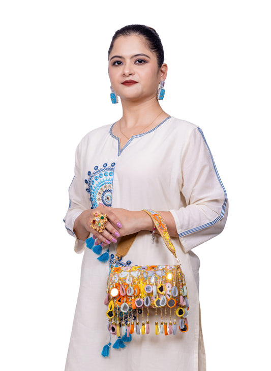 Handcrafted Multicolour Mirror-Work Beaded Clutch