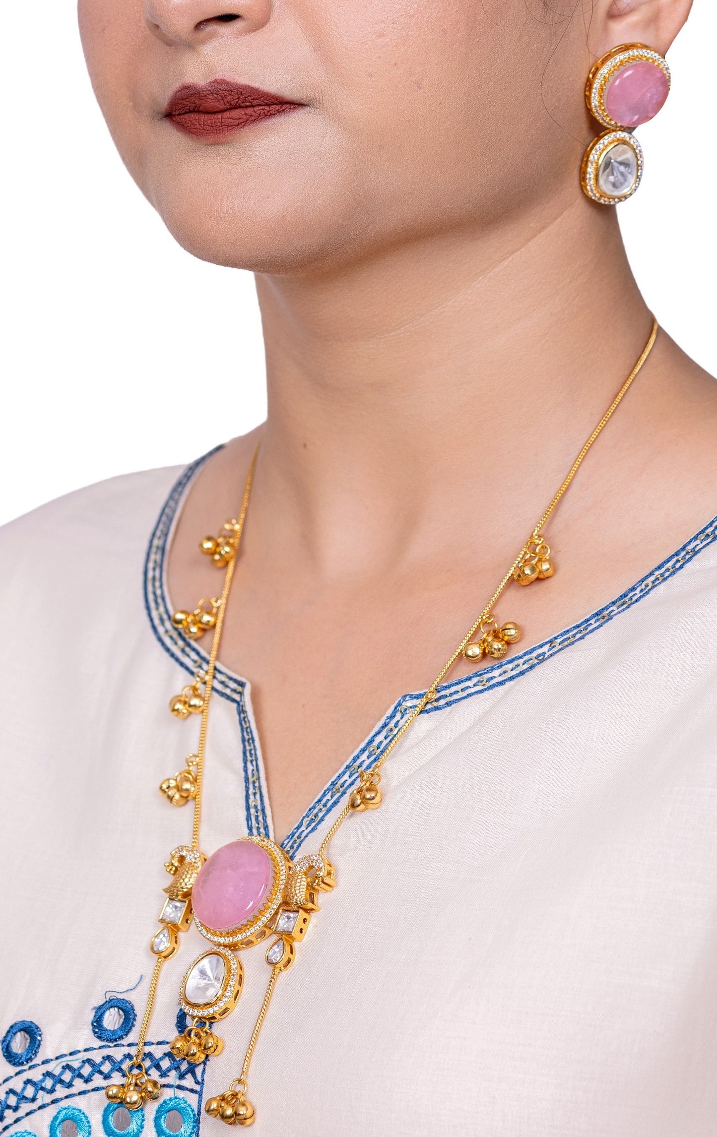 🌸Kashmiri Necklace & Earring Set with Rose Pink Enamel – The Valley Blossom