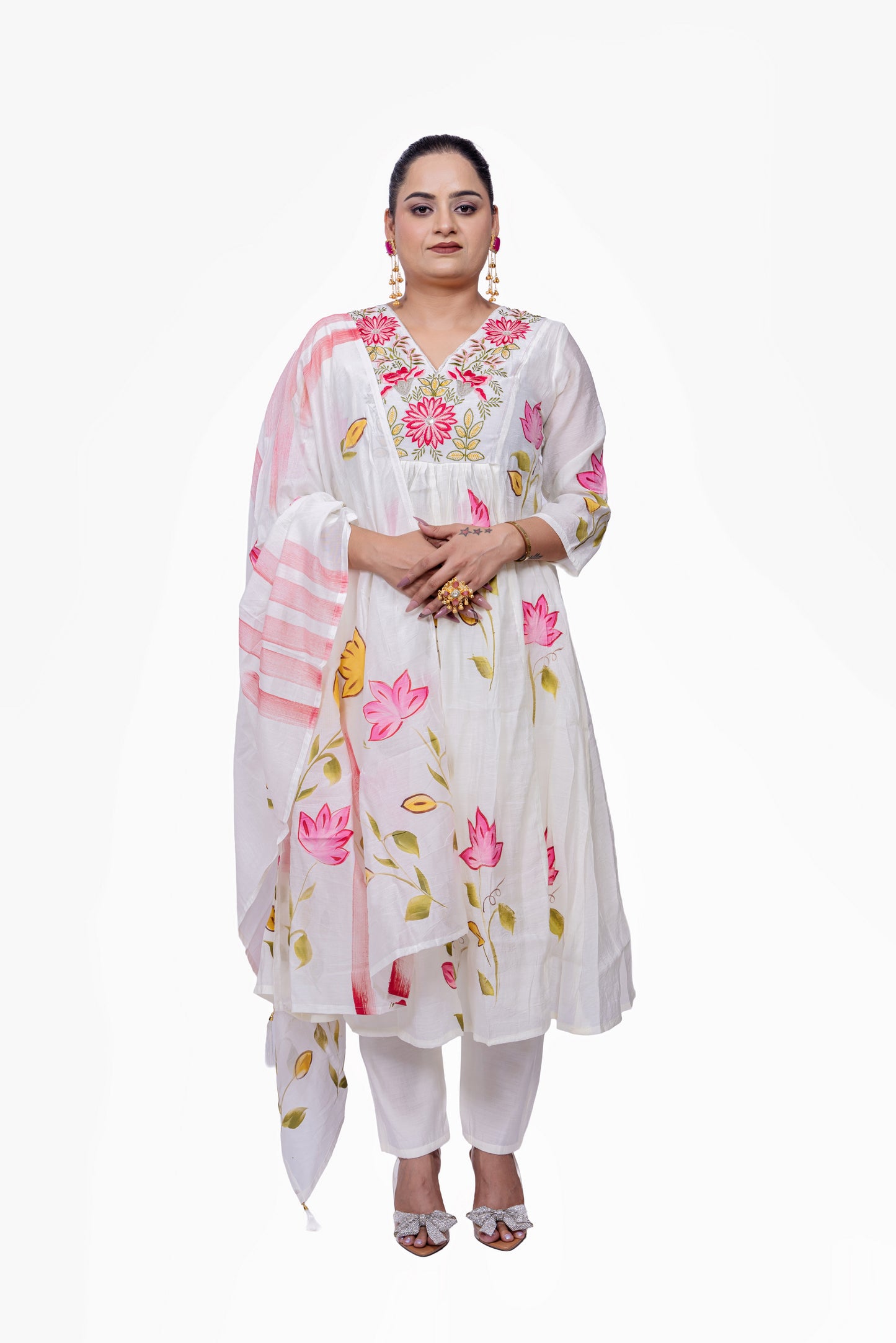 Pink - White A line Festive Kurta set