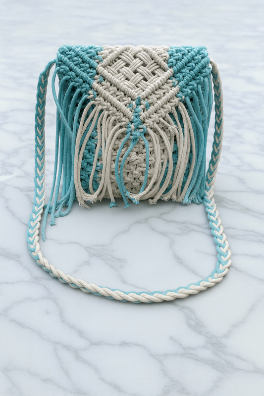 Boho Macramé Crossbody Bag – Aqua & Ivory (Medium)