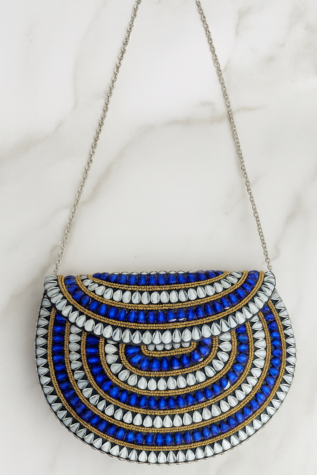 Blue & Silver Mosaic Clutch – Handcrafted Statement Art Piece