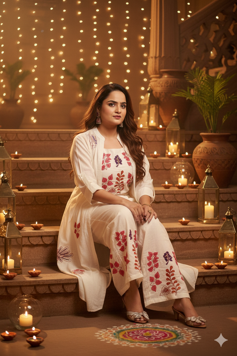 ✨ White 3-Piece Embroidered Festive Co-ord Set ✨