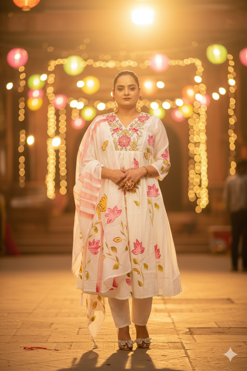 Pink - White A line Festive Kurta set