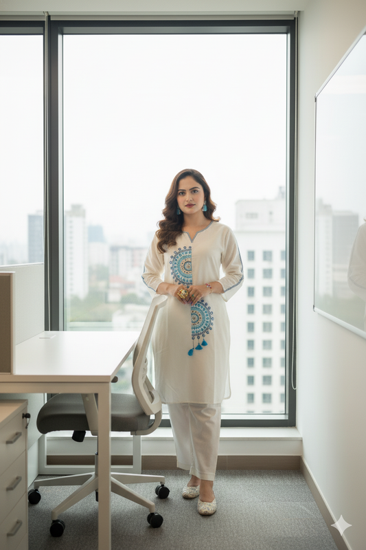 Blue Embroidered White Co-ord Set