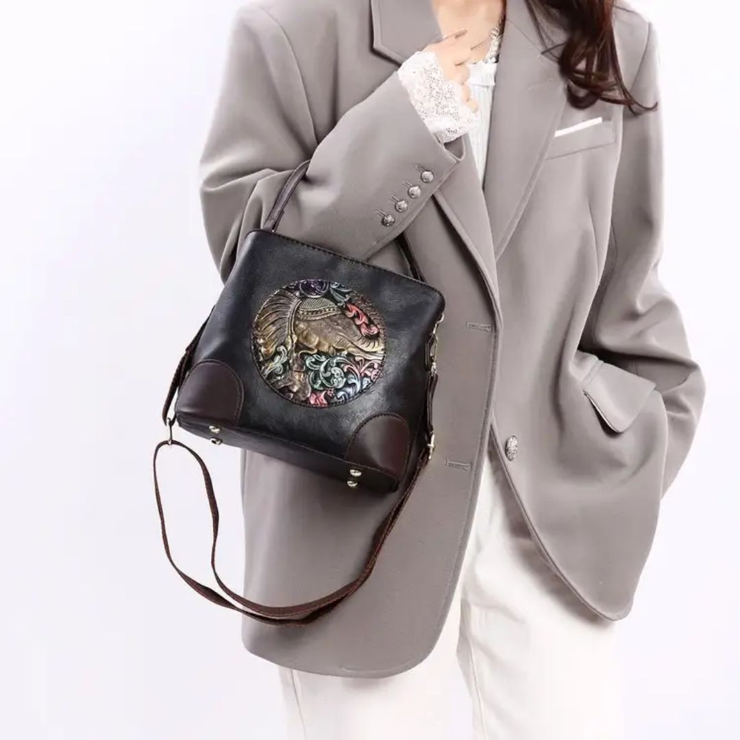 👜Black Art Leather Purse with Embossed Elephant Motif