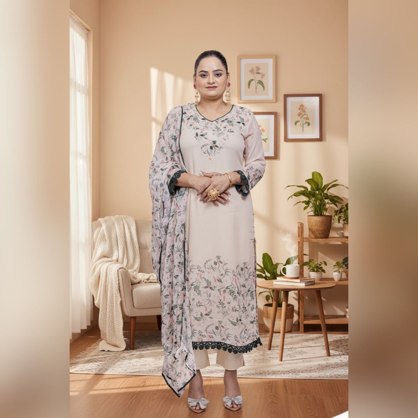 Green Floral Design Kurta Set with Dupatta