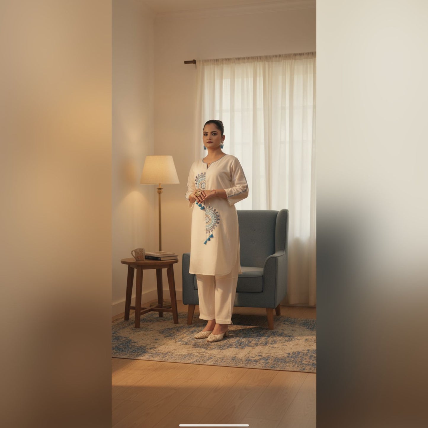 Blue Embroidered White Co-ord Set