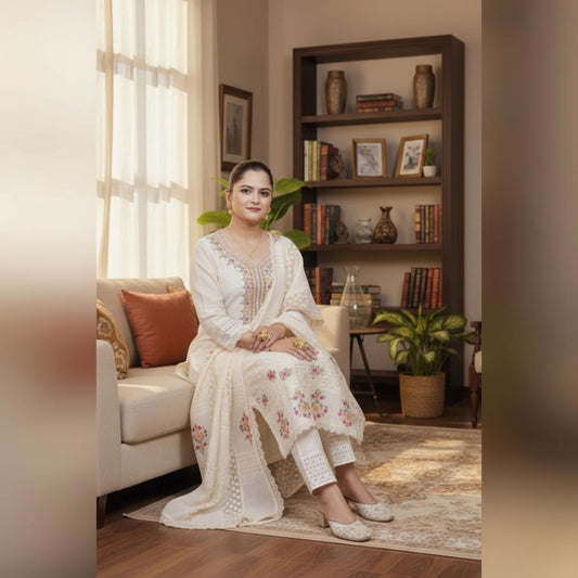 Pure Cotton White Floral Embroidered Suit Set