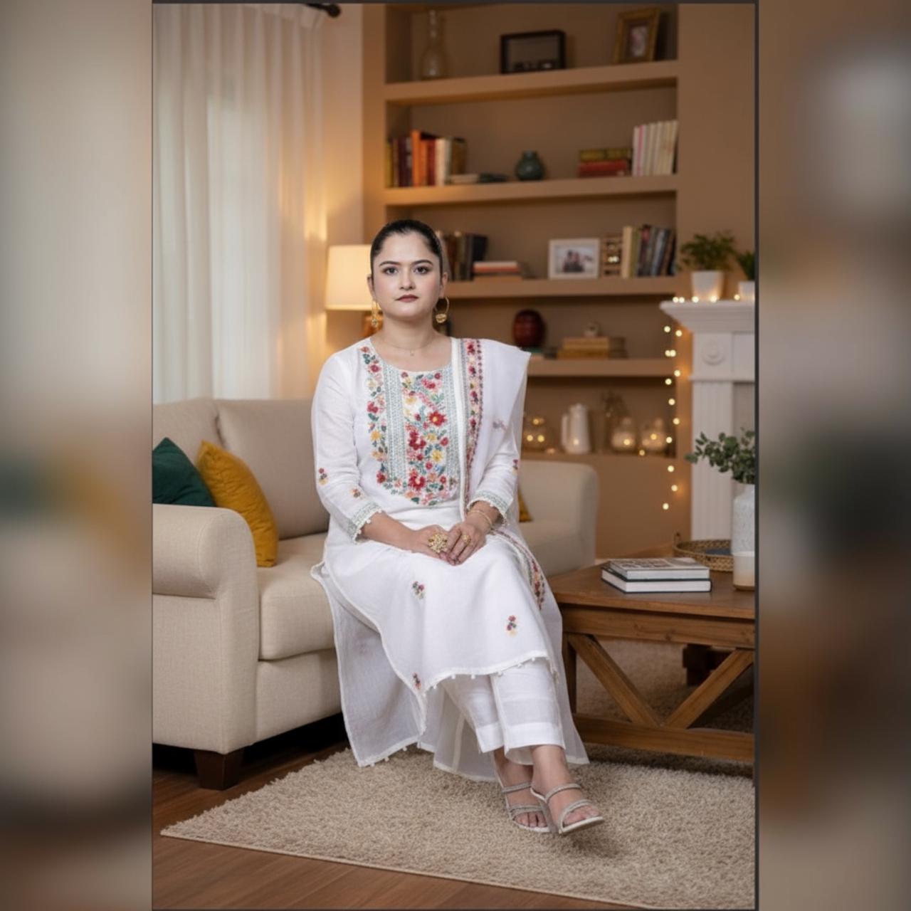 White Silk Embroidered Suit with Cotton Embroidered Dupatta