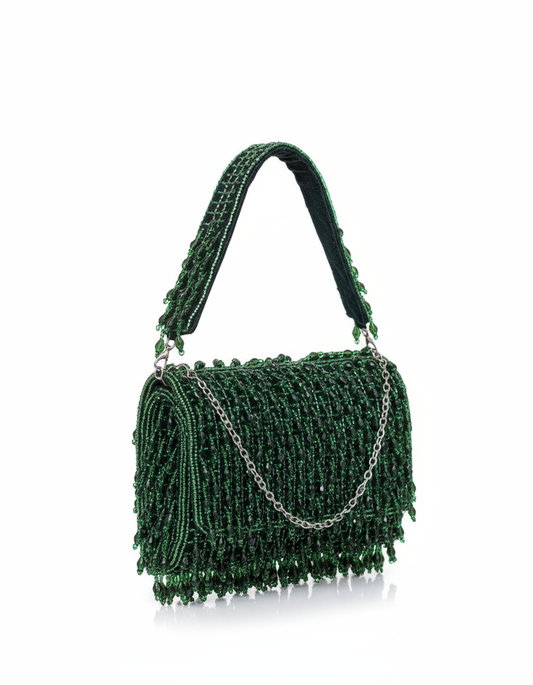 Emerald-green beaded handbag