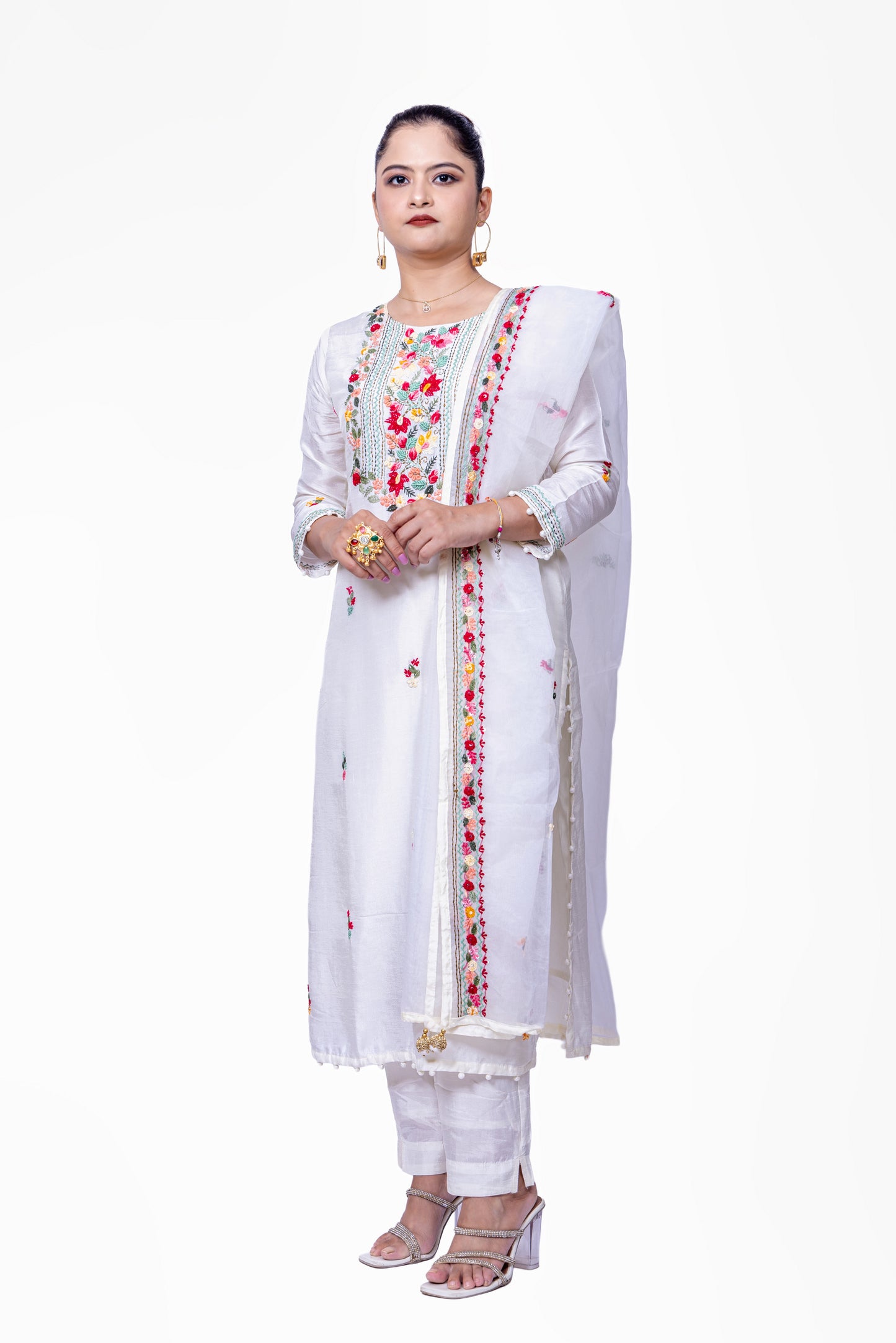 White Chanderi Silk Embroidered Suit with Organza Dupatta