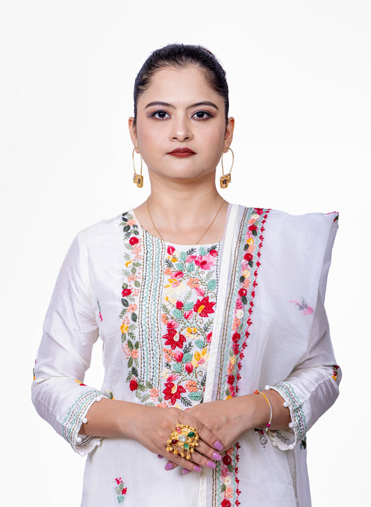 White Chanderi Silk Embroidered Suit with Organza Dupatta