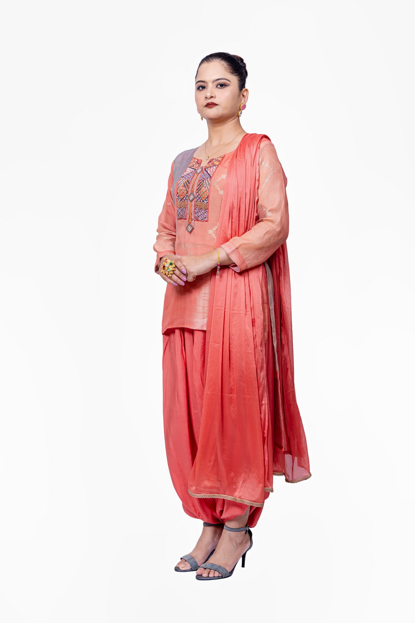High-Low Kurta with Harem pants festive suit - Peach
