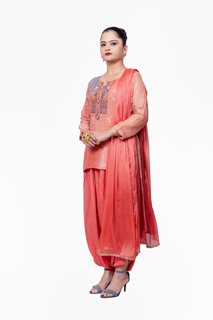 High-Low Kurta with Harem pants festive suit - Peach