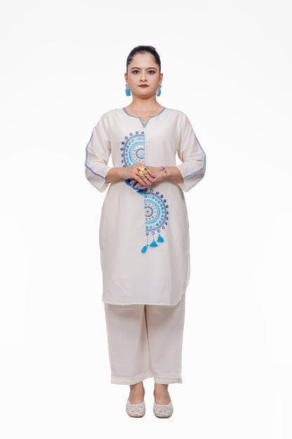 Blue Embroidered White Co-ord Set