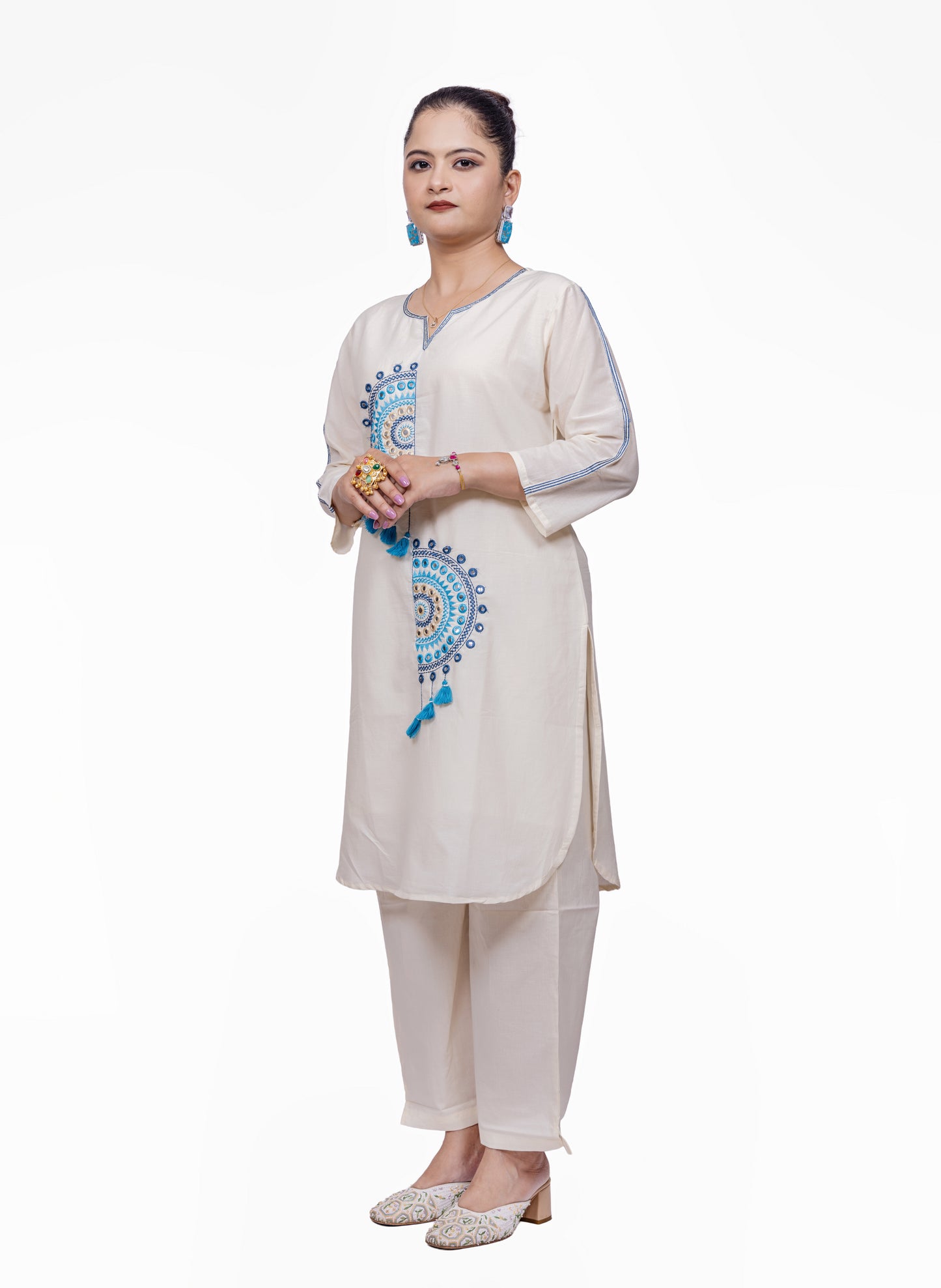 Blue Embroidered White Co-ord Set