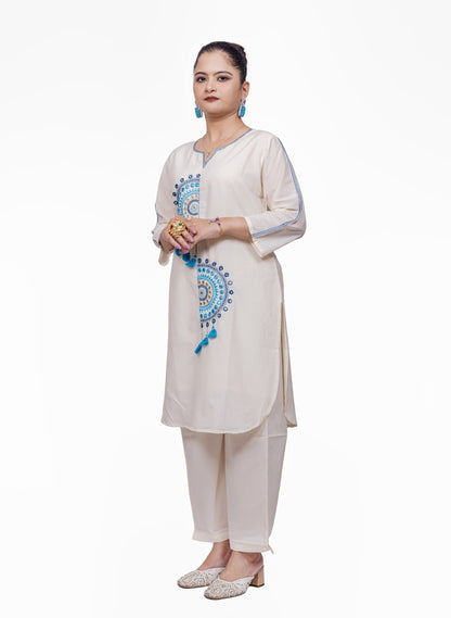Blue Embroidered White Co-ord Set