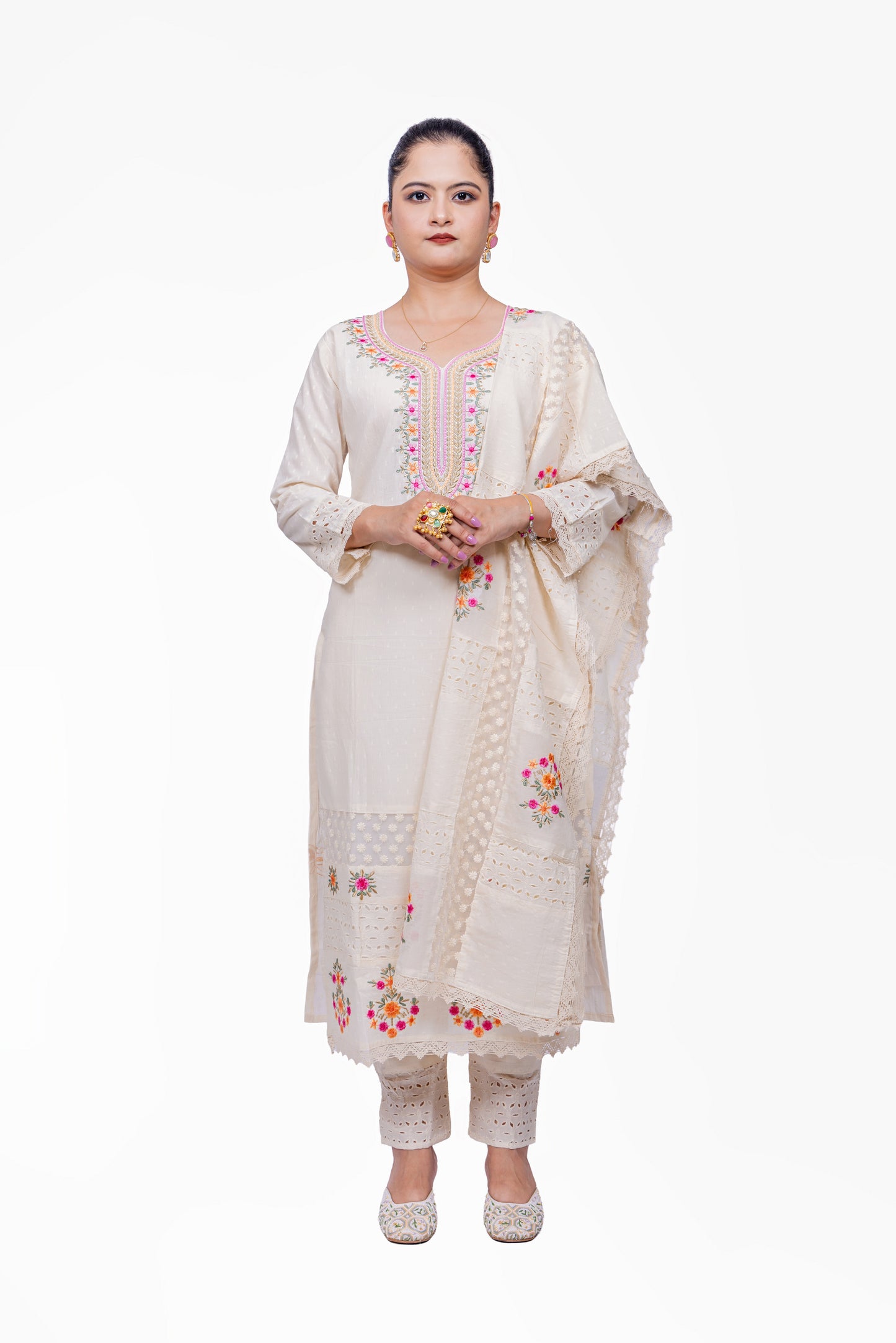 Pure Cotton White Floral Embroidered Suit Set