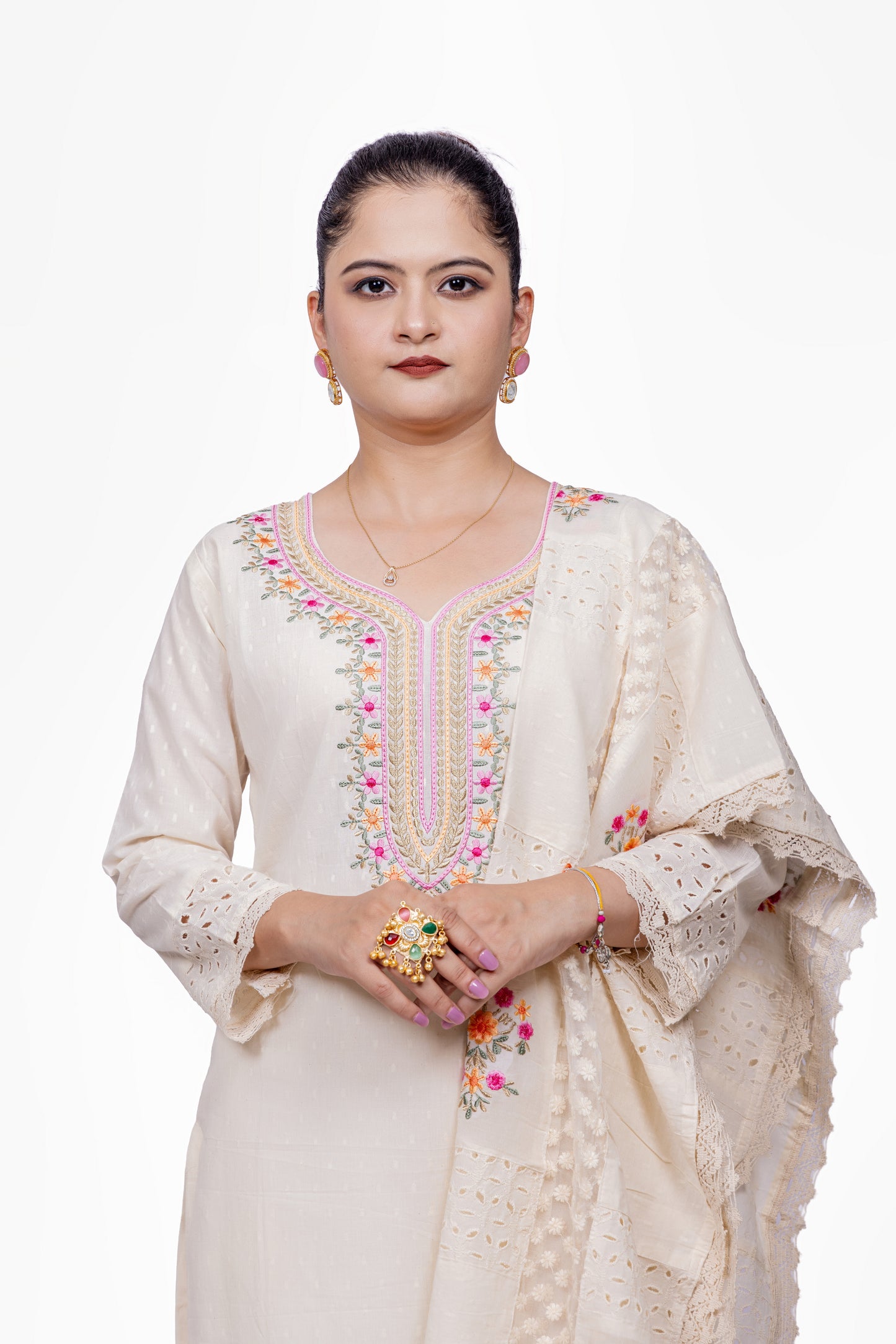 Pure Cotton White Floral Embroidered Suit Set