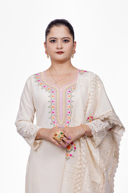 Pure Cotton White Floral Embroidered Suit Set