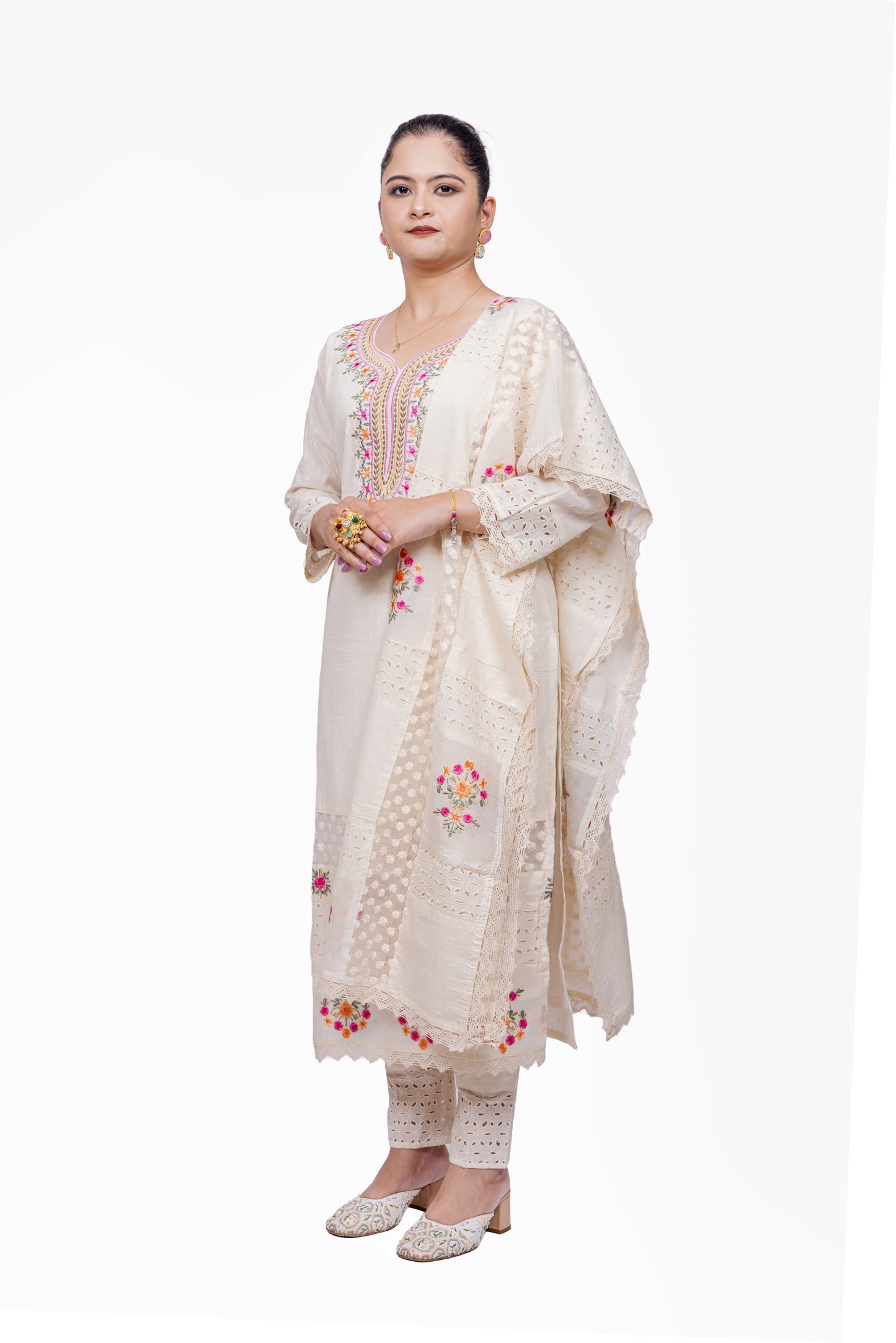 Pure Cotton White Floral Embroidered Suit Set