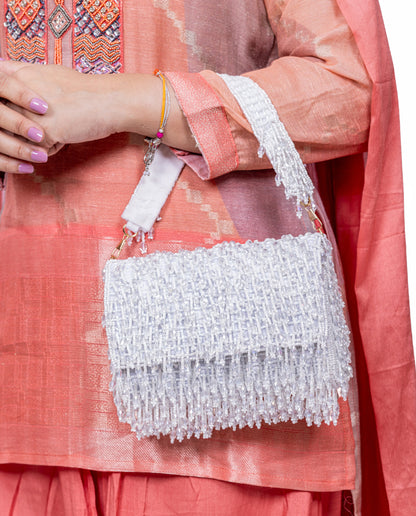 White Handcrafted Beaded Clutch – Elegant Party & Festive Bag
