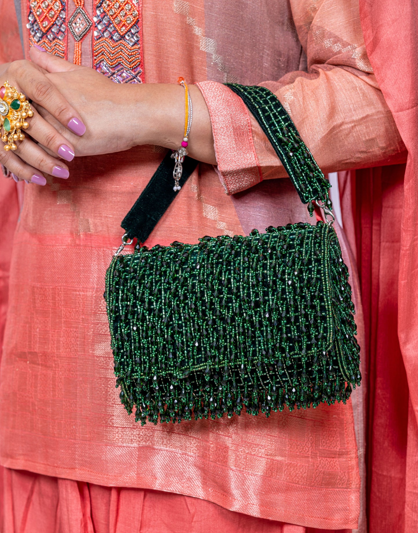 Emerald-green beaded handbag