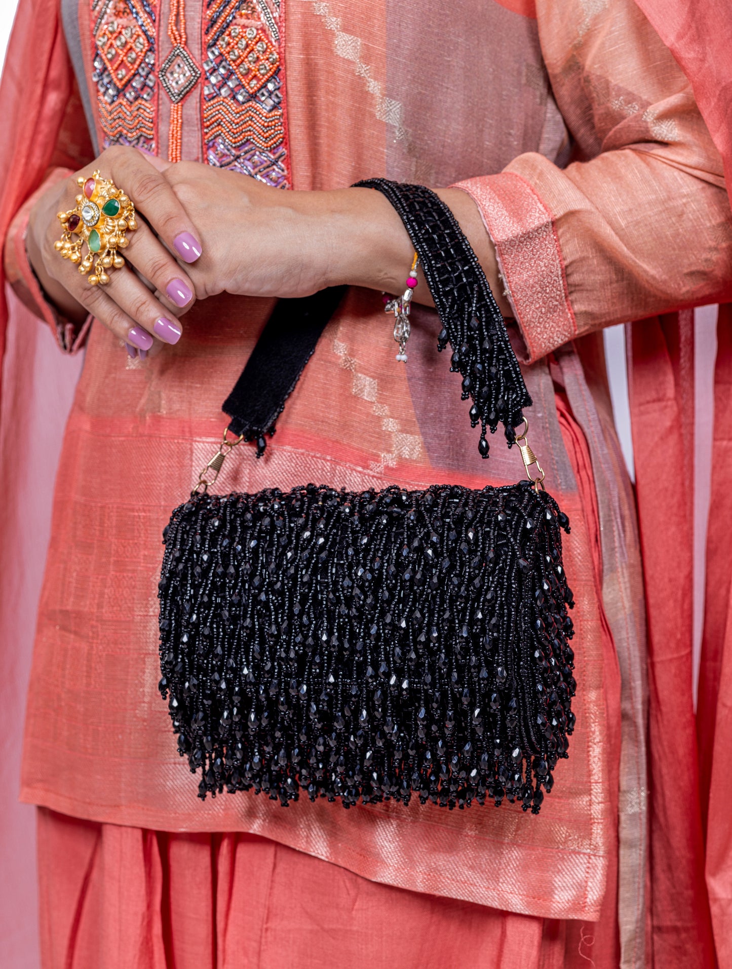 Black Handcrafted Hanging Beaded Party Clutch