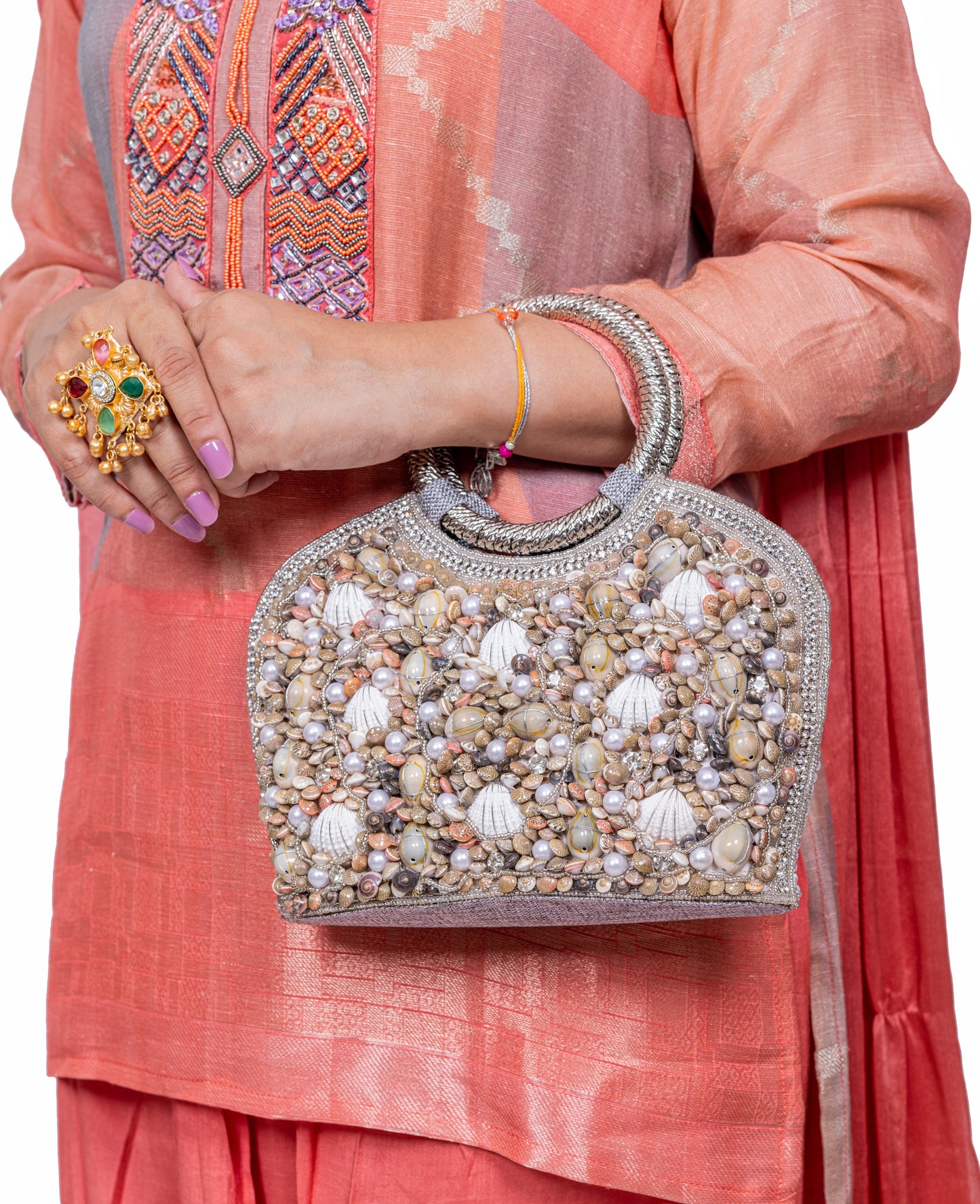 Silver colour Shell & Beaded Handcrafted Clutch