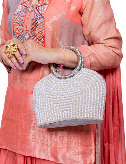 Silver colour Shell & Beaded Handcrafted Clutch