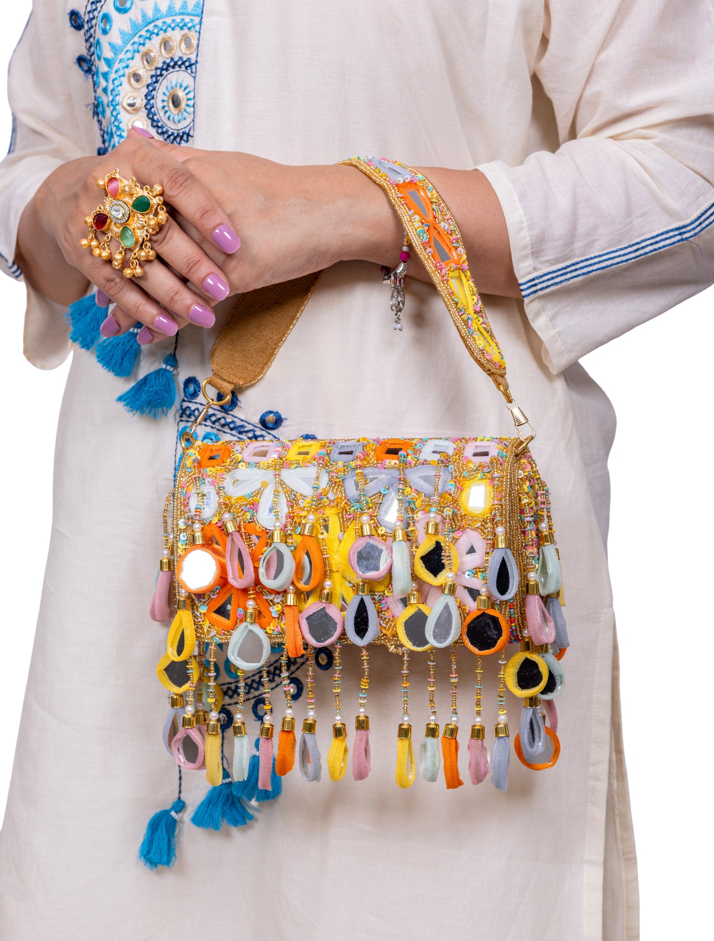 Handcrafted Multicolour Mirror-Work Beaded Clutch