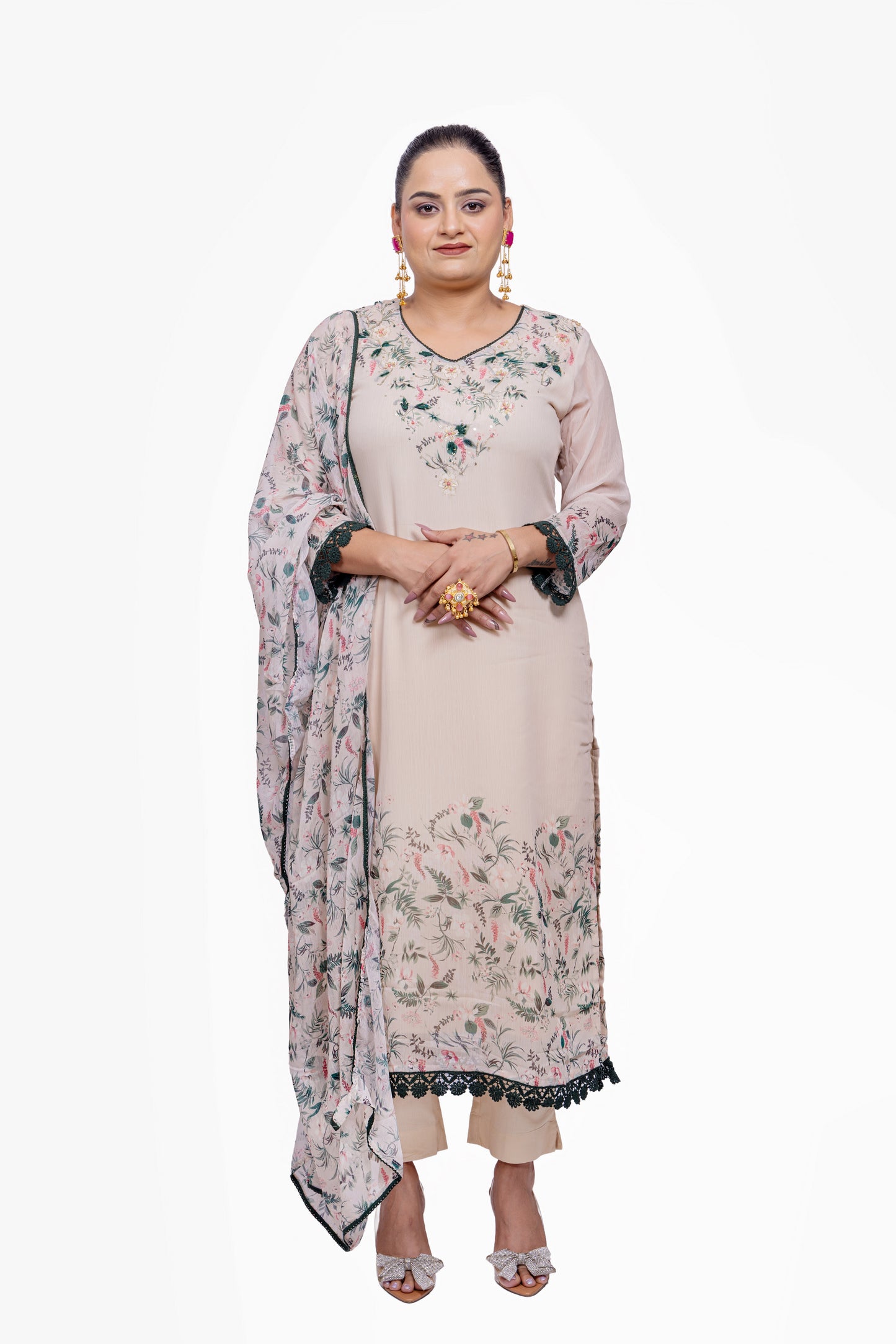Green Floral Design Kurta Set with Dupatta