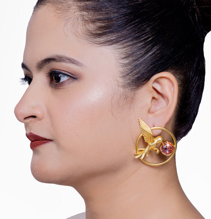 🕊️ Golden Bird Stud Earrings with Blush Crystal – The Whisper of Grace