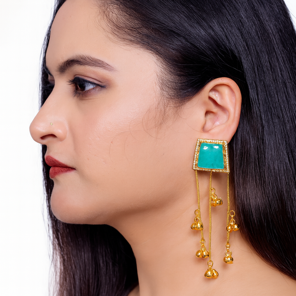 💎Kashmiri Short Earring with Aqua Enamel & Ghungru Drops – The Royal Minimal