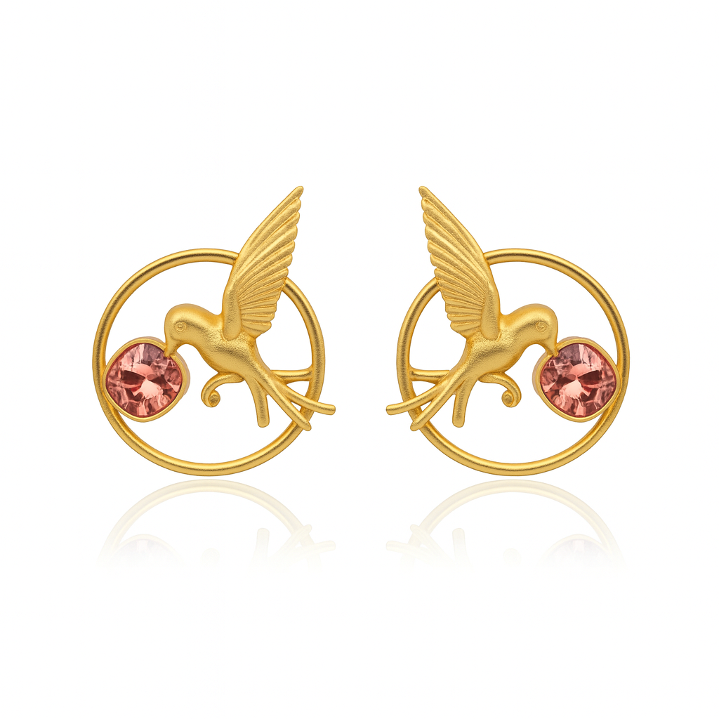 🕊️ Golden Bird Stud Earrings with Blush Crystal – The Whisper of Grace