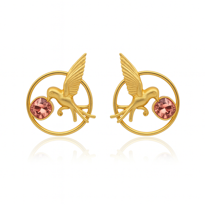 🕊️ Golden Bird Stud Earrings with Blush Crystal – The Whisper of Grace