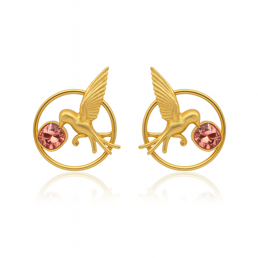🕊️ Golden Bird Stud Earrings with Blush Crystal – The Whisper of Grace