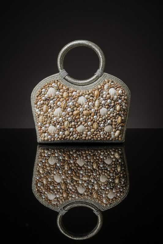 Silver colour Shell & Beaded Handcrafted Clutch