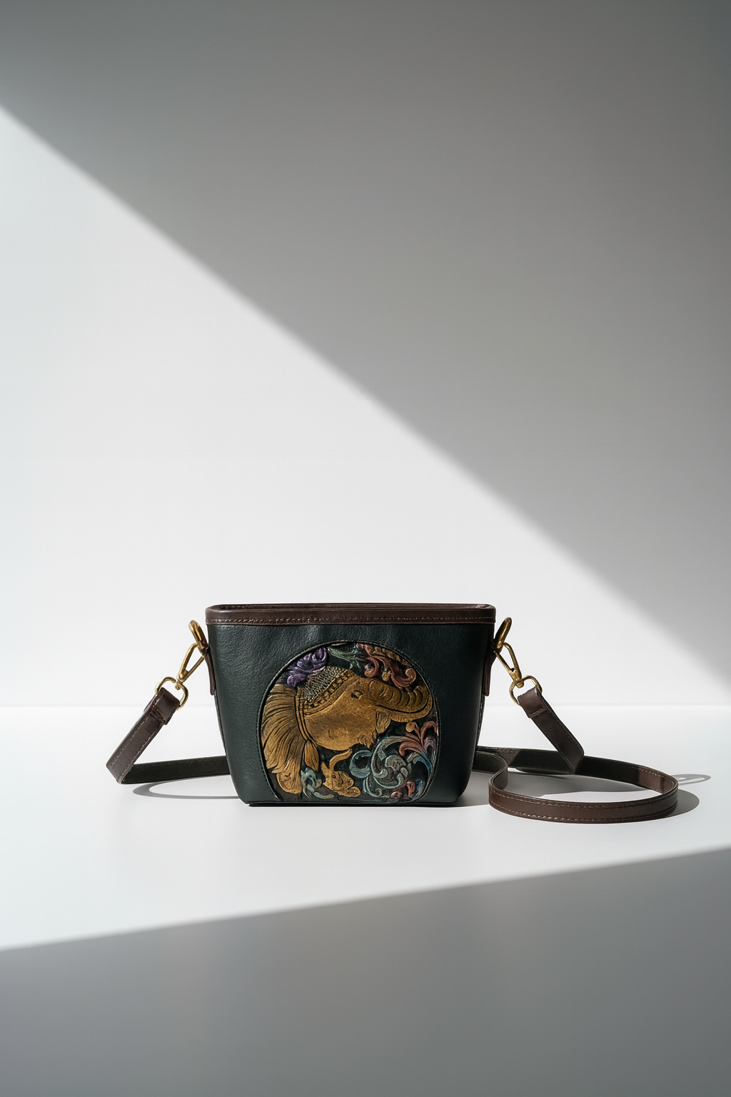 🐘 Handcrafted Leather Sling Bag with Royal Elephant Motif