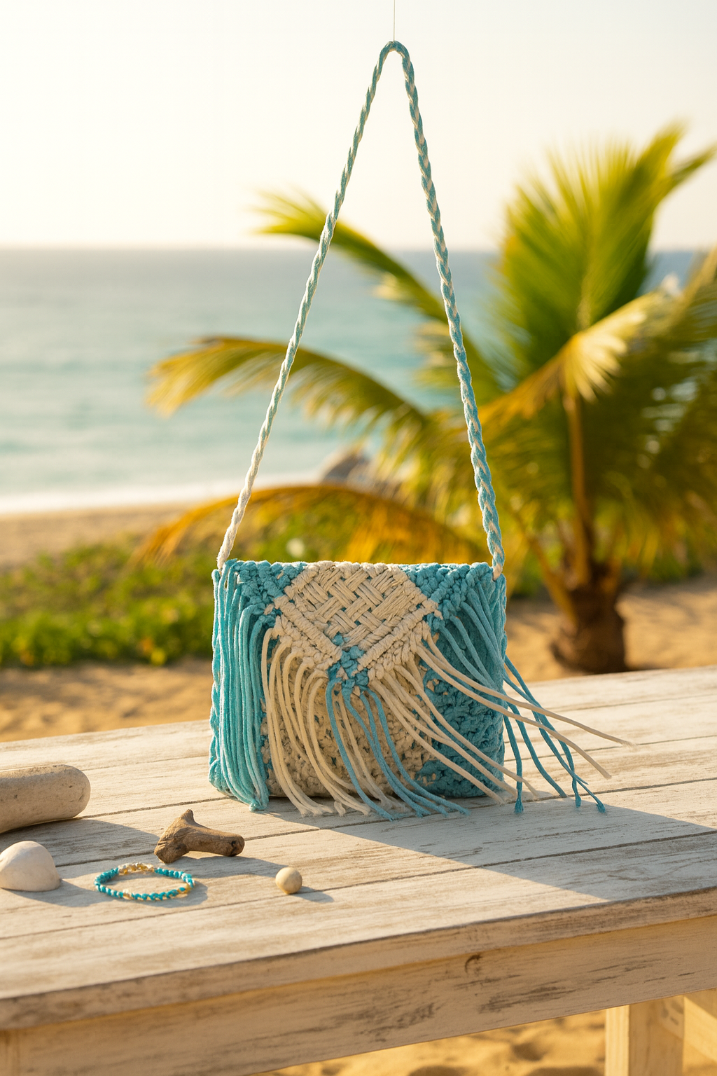 Boho Macramé Crossbody Bag – Aqua & Ivory (Medium)