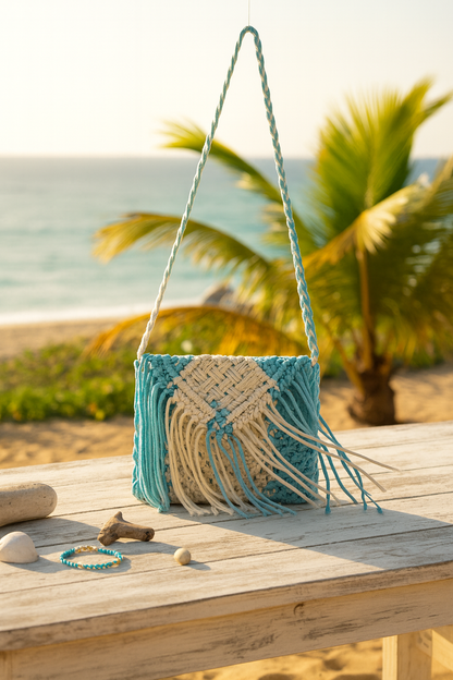 Boho Macramé Crossbody Bag – Aqua & Ivory (Medium)