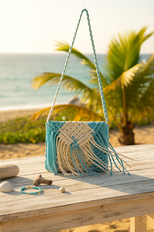 Boho Macramé Crossbody Bag – Aqua & Ivory (Medium)