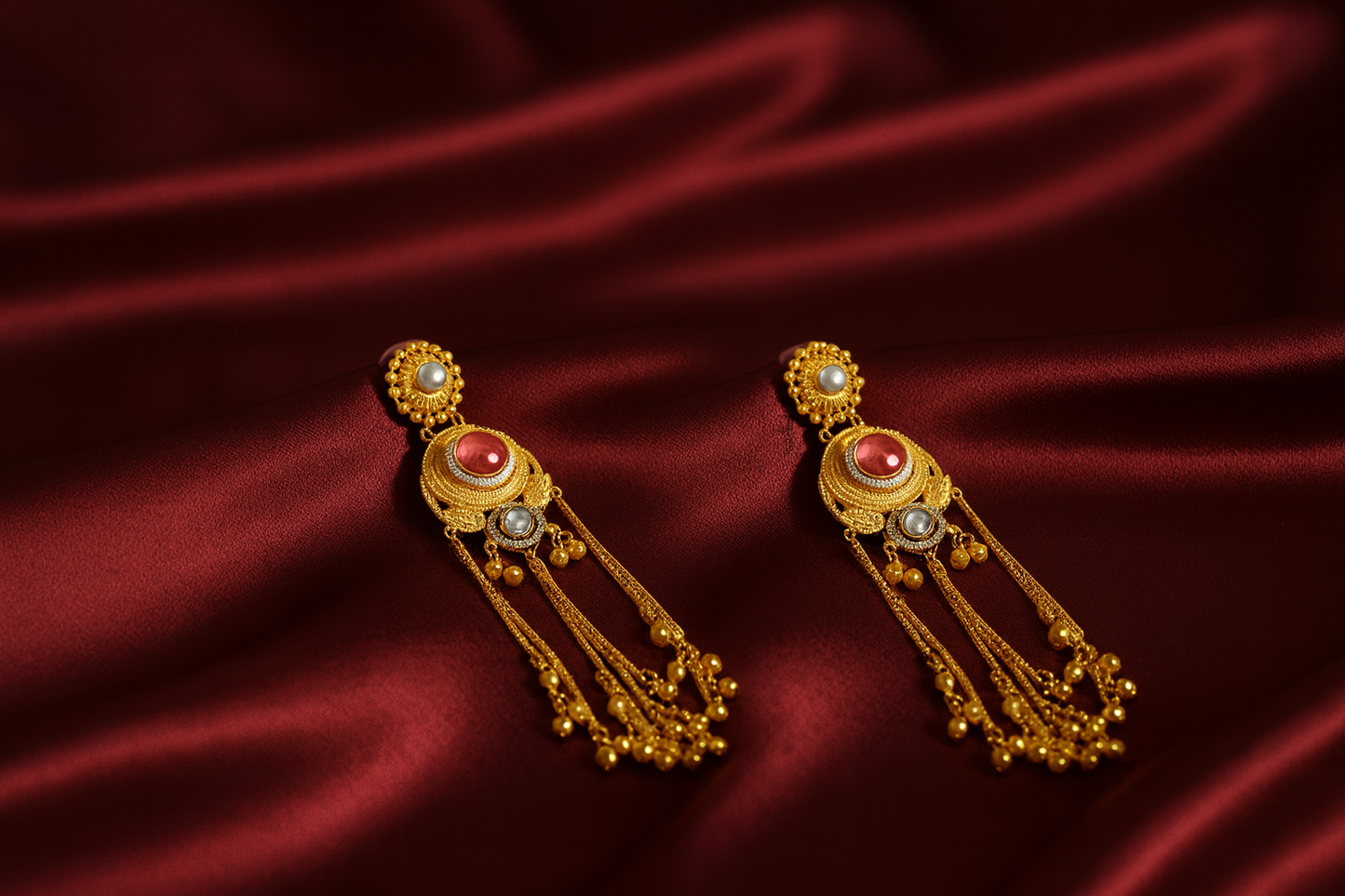 💛Kashmiri Long Earrings with Ruby & Pearl Detailing – The Regal Drape