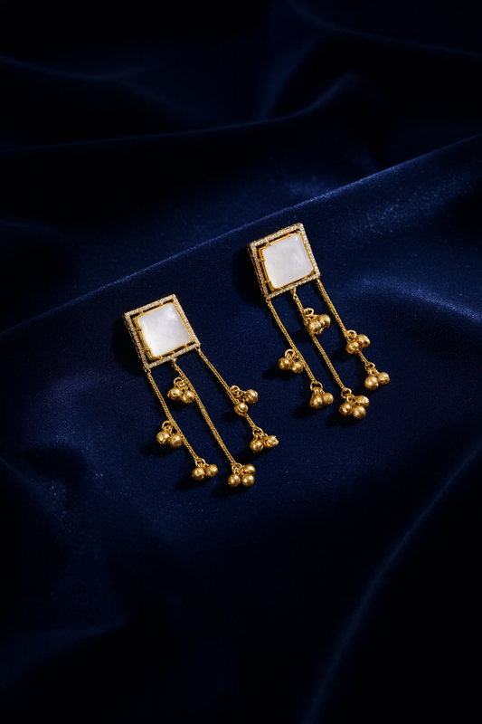 🤍Kashmiri Short Earring with White Enamel & Ghungru Drops – The Ethereal Bloom