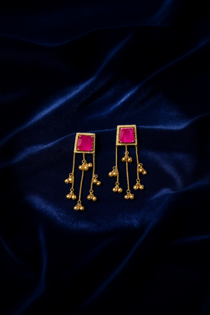 💖Kashmiri Short Earring with Ruby Pink Enamel & Ghungru Drops – The Regal Blush