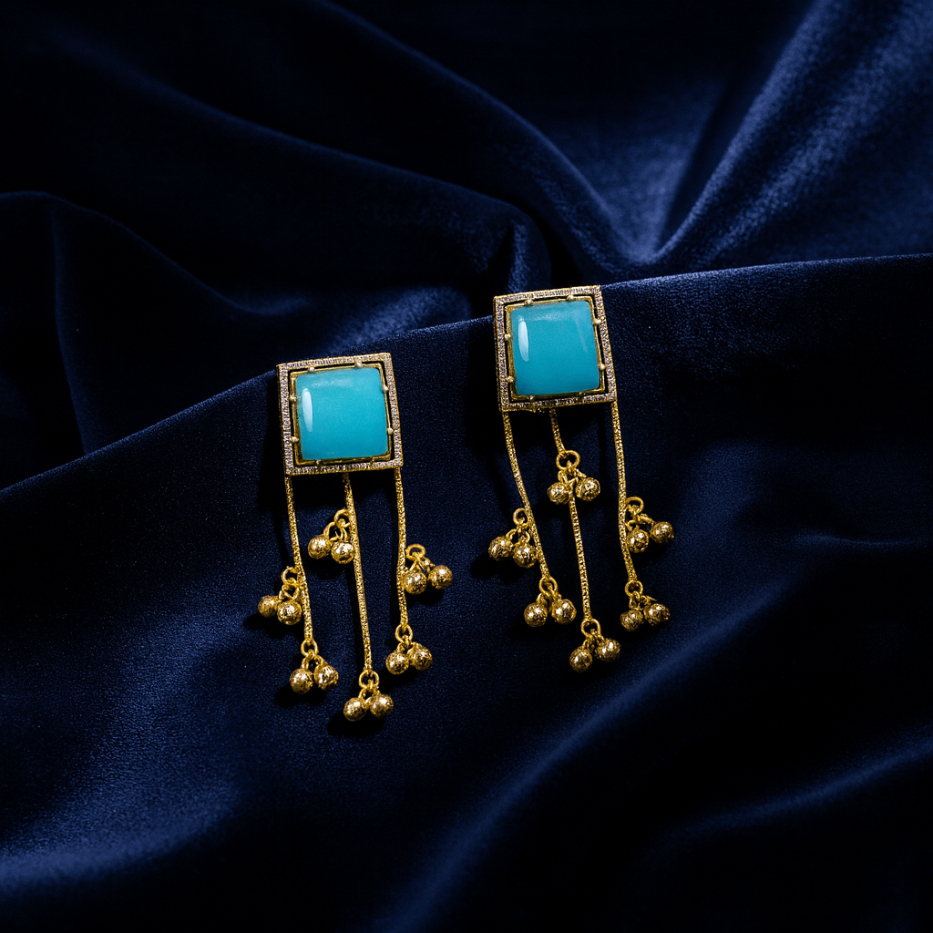 💎Kashmiri Short Earring with Aqua Enamel & Ghungru Drops – The Royal Minimal