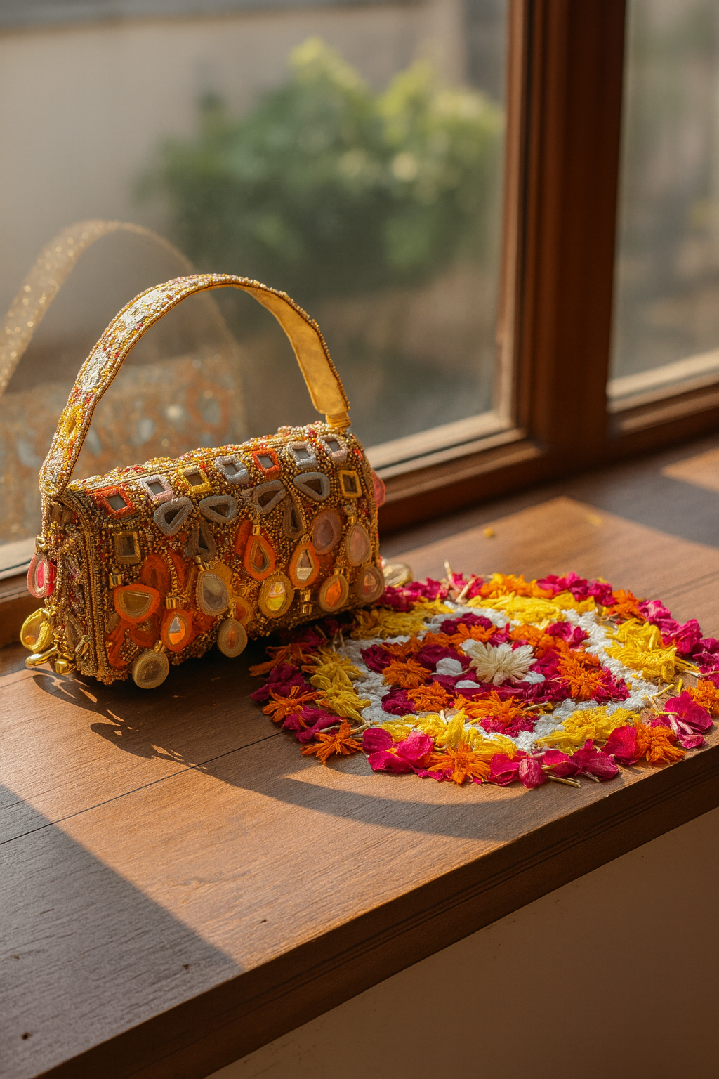 Handcrafted Multicolour Mirror-Work Beaded Clutch